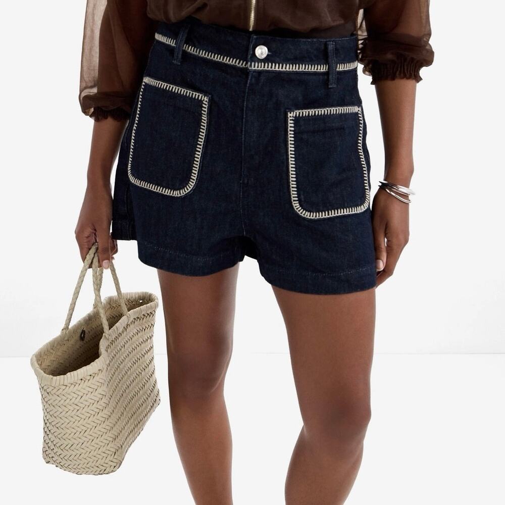 Zara (4) High Rise Dark Indigo Denim Shorts Whipstitch Patch Pockets Boho Chic